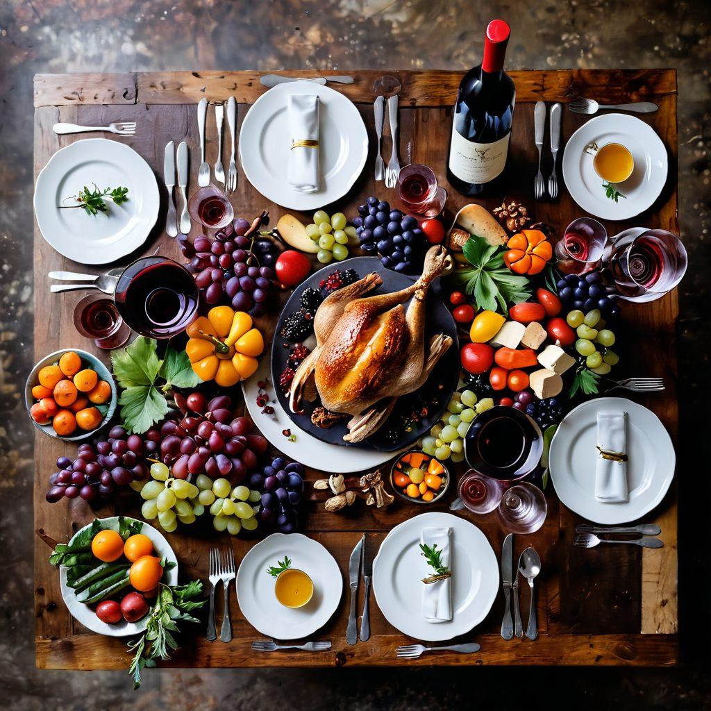 A stunning flat lay of an elegant dining table adorned with a variety of culinary masterpieces paired with bottles of fine wine, featuring vibrant dishes like roasted duck, gourmet cheeses, and colorful vegetables. Include intricate wine glasses clinking, with a rustic vineyard in the background and grapes scattered elegantly. The scene should convey a sense of harmony and sophistication. super-realistic. vibrant colors. soft focus.