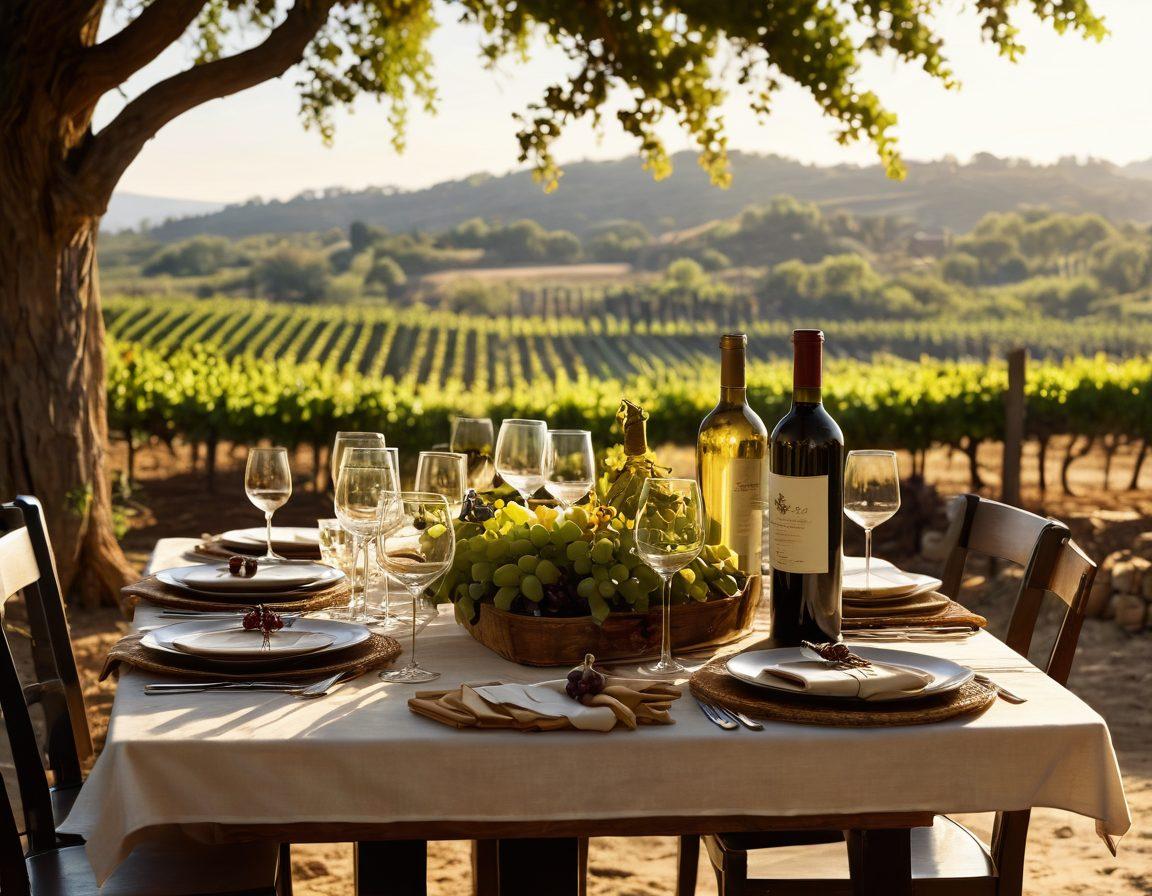 An elegant dining table set in a rustic vineyard, adorned with an array of vintage wine bottles and gourmet dishes artfully arranged. Golden sunlight filters through the grapevines, casting soft shadows, while a corkscrew and wine glass reflect the sophistication of wine culture. Subtle hints of earthy tones and rich hues capture the essence of fine dining and culinary artistry. super-realistic. warm colors. natural elements.
