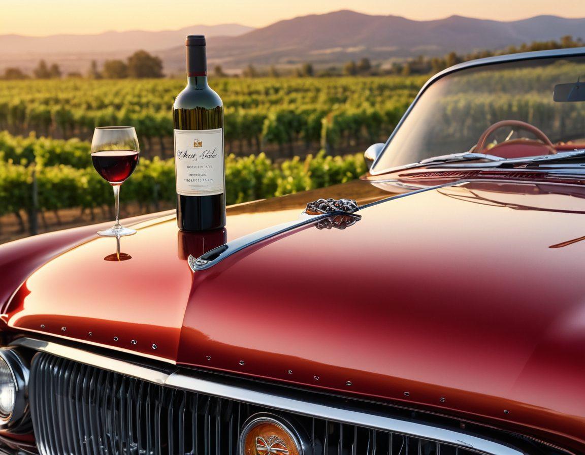 A luxurious vintage wine bottle nestled beside a classic car hood, showcasing intricate automotive details and rich textures. Incorporate a background of vineyards at sunset with golden hues, blending the elegance of wine with the artistry of vintage automobiles. Include subtle reflections on the car's surface hinting at the wine’s color. Evoke emotions of nostalgia and sophistication. super-realistic. vibrant colors. soft focus.